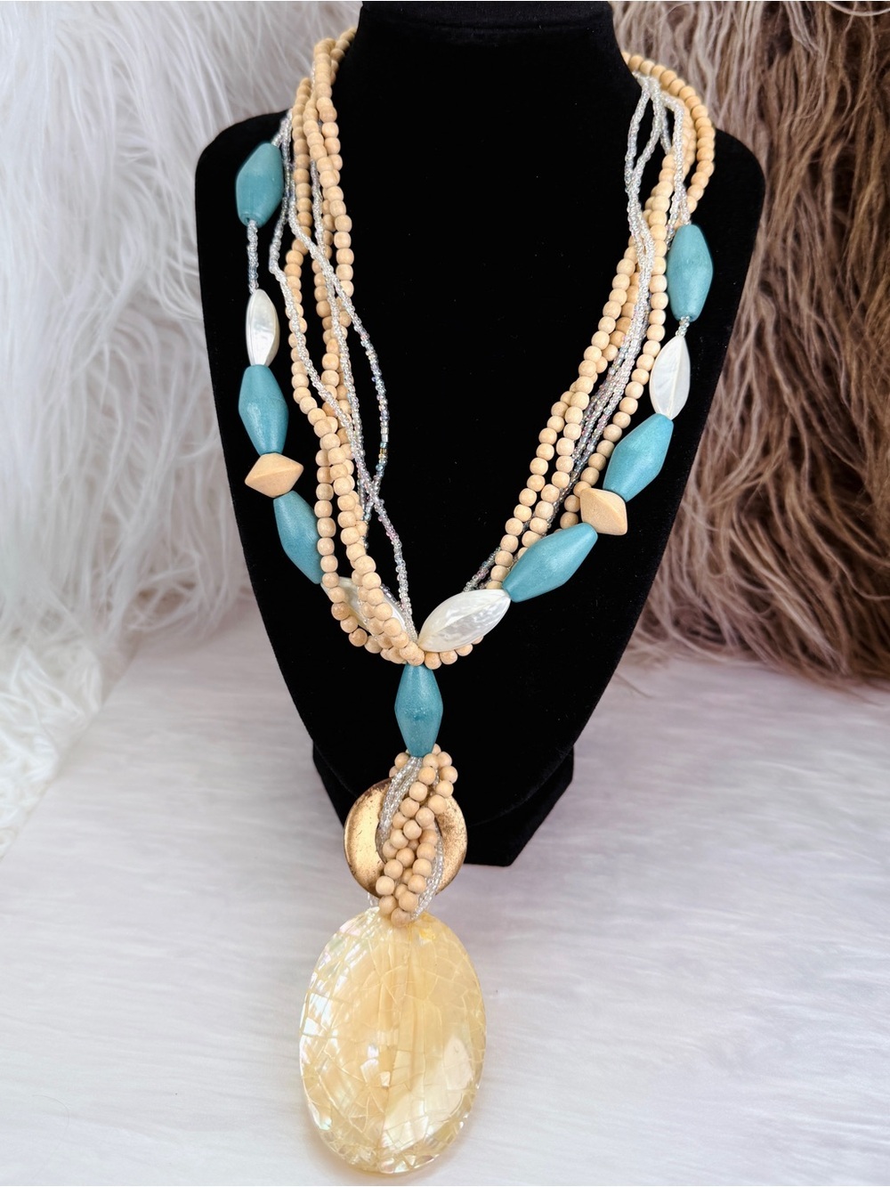 Boho Multi Strand Statement Necklace Wood Bead Resin Pendant Natural Tones